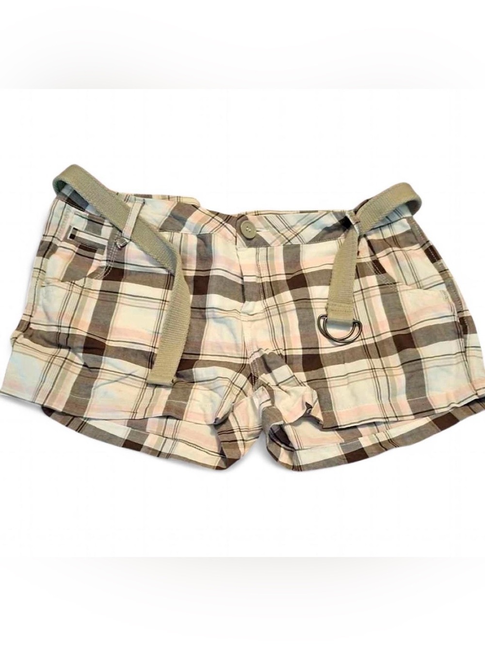 Vintage Y2K Freestyle Revolution Plaid Belted Shorts Low Rise Earth Tone Grunge